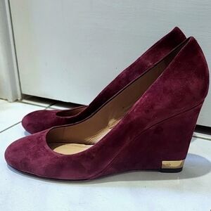 Tory Burch Astoria Suede gold logo wedge heels